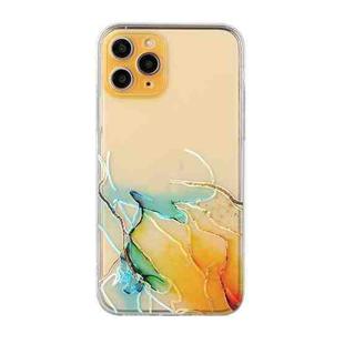 For iPhone 11 Pro Max Hollow Marble Pattern TPU Straight Edge Fine Hole Protective Case(Yellow Blue)