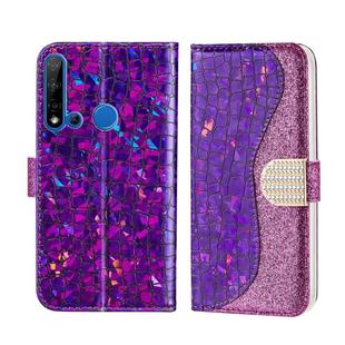 For Huawei P20 Lite 2019 Laser Glitter Powder Matching Crocodile Texture Horizontal Flip Leather Case, with Card Slots & Holder(Purple)