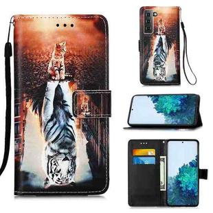 For Samsung Galaxy S21 5G 3D Painting Horizontal Flip Leather Case with Holder & Card Slot & Lanyard(Cat and Tiger)