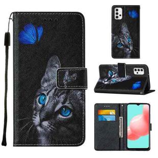 For Samsung Galaxy A32 5G Cross Texture Painting Pattern Horizontal Flip Leather Case with Holder & Card Slots & Wallet & Lanyard(Blue Butterfly Cat Eyes)