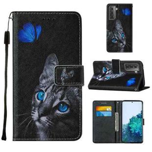For Samsung Galaxy S21+ 5G Cross Texture Painting Pattern Horizontal Flip Leather Case with Holder & Card Slots & Wallet & Lanyard(Blue Butterfly Cat Eyes)
