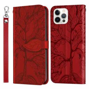For iPhone 12 / 12 Pro Life of Tree Embossing Pattern Horizontal Flip Leather Case with Holder & Card Slot & Wallet & Photo Frame & Lanyard(Red)