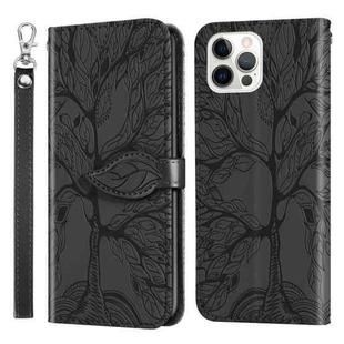 For iPhone 12 / 12 Pro Life of Tree Embossing Pattern Horizontal Flip Leather Case with Holder & Card Slot & Wallet & Photo Frame & Lanyard(Black)