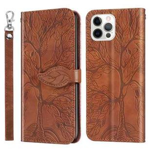 For iPhone 12 / 12 Pro Life of Tree Embossing Pattern Horizontal Flip Leather Case with Holder & Card Slot & Wallet & Photo Frame & Lanyard(Brown)