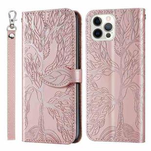 For iPhone 12 Pro Max Life of Tree Embossing Pattern Horizontal Flip Leather Case with Holder & Card Slot & Wallet & Photo Frame & Lanyard(Rose Gold)