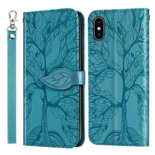 For iPhone X / XS Life of Tree Embossing Pattern Horizontal Flip Leather Case with Holder & Card Slot & Wallet & Photo Frame & Lanyard(Lake Blue)