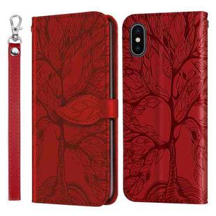 For iPhone X / XS Life of Tree Embossing Pattern Horizontal Flip Leather Case with Holder & Card Slot & Wallet & Photo Frame & Lanyard(Red)