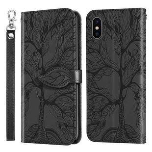 For iPhone X / XS Life of Tree Embossing Pattern Horizontal Flip Leather Case with Holder & Card Slot & Wallet & Photo Frame & Lanyard(Black)