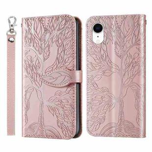 For iPhone XR Life of Tree Embossing Pattern Horizontal Flip Leather Case with Holder & Card Slot & Wallet & Photo Frame & Lanyard(Rose Gold)