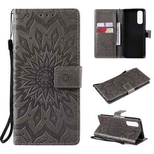 For OPPO Realme 7 Sun Embossing Pattern Horizontal Flip Leather Case with Card Slot & Holder & Wallet & Lanyard(Grey)
