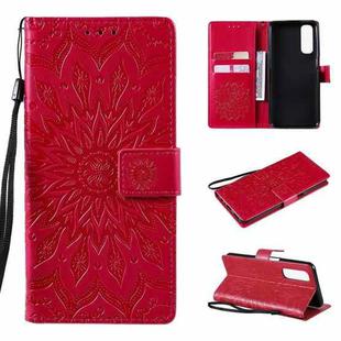 For OPPO Realme 7 Sun Embossing Pattern Horizontal Flip Leather Case with Card Slot & Holder & Wallet & Lanyard(Red)