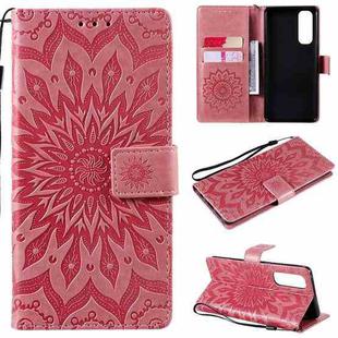 For OPPO Reno4 Pro 4G Sun Embossing Pattern Horizontal Flip Leather Case with Card Slot & Holder & Wallet & Lanyard(Pink)