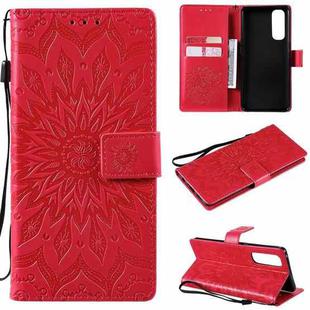 For OPPO Reno4 Pro 4G Sun Embossing Pattern Horizontal Flip Leather Case with Card Slot & Holder & Wallet & Lanyard(Red)