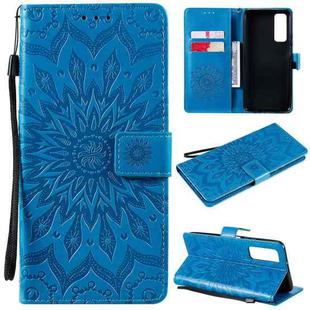 For Huawei P Smart 2021 Sun Embossing Pattern Horizontal Flip Leather Case with Card Slot & Holder & Wallet & Lanyard(Blue)