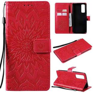 For Huawei P Smart 2021 Sun Embossing Pattern Horizontal Flip Leather Case with Card Slot & Holder & Wallet & Lanyard(Red)