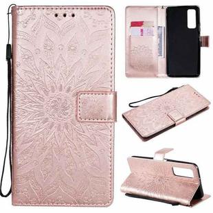 For Huawei P Smart 2021 Sun Embossing Pattern Horizontal Flip Leather Case with Card Slot & Holder & Wallet & Lanyard(Rose Gold)