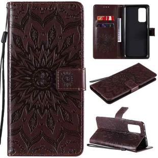 For Xiaomi Mi 10T / 10T Pro Sun Embossing Pattern Horizontal Flip Leather Case with Card Slot & Holder & Wallet & Lanyard(Brown)