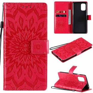 For OnePlus 8T Sun Embossing Pattern Horizontal Flip Leather Case with Card Slot & Holder & Wallet & Lanyard(Red)