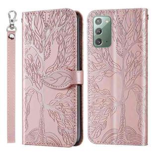 For Samsung Galaxy Note20 Life of Tree Embossing Pattern Horizontal Flip Leather Case with Holder & Card Slot & Wallet & Photo Frame & Lanyard(Rose Gold)