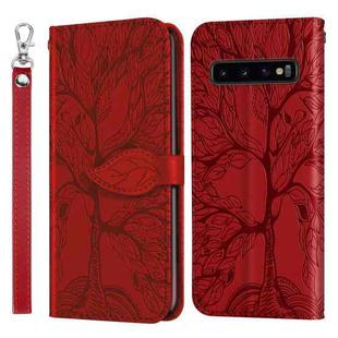For Samsung Galaxy S10+ Life of Tree Embossing Pattern Horizontal Flip Leather Case with Holder & Card Slot & Wallet & Photo Frame & Lanyard(Red)