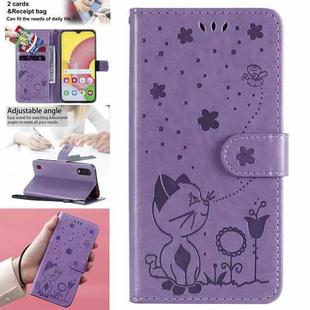 For Samsung Galaxy A01 Cat Bee Embossing Pattern Shockproof Horizontal Flip Leather Case with Holder & Card Slots & Wallet(Purple)