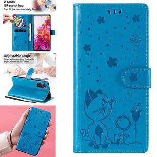 For Samsung Galaxy S20 FE Cat Bee Embossing Pattern Shockproof Horizontal Flip Leather Case with Holder & Card Slots & Wallet(Blue)