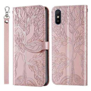 For Xiaomi Redmi 9A Life of Tree Embossing Pattern Horizontal Flip Leather Case with Holder & Card Slot & Wallet & Photo Frame & Lanyard(Rose Gold)