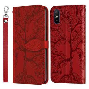 For Xiaomi Redmi 9A Life of Tree Embossing Pattern Horizontal Flip Leather Case with Holder & Card Slot & Wallet & Photo Frame & Lanyard(Red)