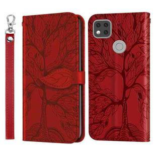 For Xiaomi Redmi 9C Life of Tree Embossing Pattern Horizontal Flip Leather Case with Holder & Card Slot & Wallet & Photo Frame & Lanyard(Red)