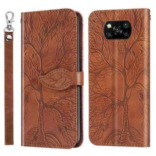 For Xiaomi Poco X3 Life of Tree Embossing Pattern Horizontal Flip Leather Case with Holder & Card Slot & Wallet & Photo Frame & Lanyard(Brown)