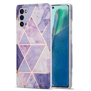 For Samsung Galaxy Note20 Electroplating Stitching Marbled IMD Stripe Straight Edge Rubik Cube Phone Protective Case(Light Purple)