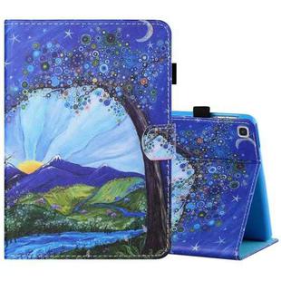 For Samsung Galaxy Tab A 10.1 (2019) T510 / T515 Sewing Thread Horizontal Painted Flat Leather Case with Pen Cover & Anti Skid Strip & Card Slot & Holder(Sunrise With Tree)