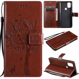 For OnePlus Nord N10 5G Tree & Cat Pattern Pressed Printing Horizontal Flip PU Leather Case with Holder & Card Slots & Wallet & Lanyard(Coffee)