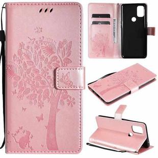 For OnePlus Nord N10 5G Tree & Cat Pattern Pressed Printing Horizontal Flip PU Leather Case with Holder & Card Slots & Wallet & Lanyard(Rose Gold)