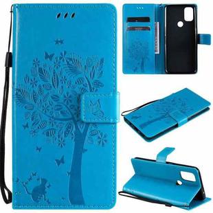 For OnePlus Nord N10 5G Tree & Cat Pattern Pressed Printing Horizontal Flip PU Leather Case with Holder & Card Slots & Wallet & Lanyard(Blue)