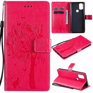 For OnePlus Nord N10 5G Tree & Cat Pattern Pressed Printing Horizontal Flip PU Leather Case with Holder & Card Slots & Wallet & Lanyard(Rose Red)