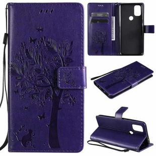 For OnePlus Nord N10 5G Tree & Cat Pattern Pressed Printing Horizontal Flip PU Leather Case with Holder & Card Slots & Wallet & Lanyard(Purple)