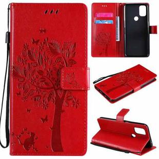 For OnePlus Nord N10 5G Tree & Cat Pattern Pressed Printing Horizontal Flip PU Leather Case with Holder & Card Slots & Wallet & Lanyard(Red)