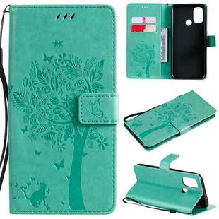 For OnePlus Nord N100 Tree & Cat Pattern Pressed Printing Horizontal Flip PU Leather Case with Holder & Card Slots & Wallet & Lanyard(Green)