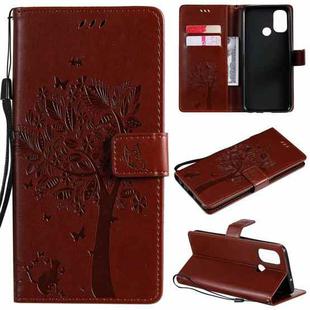 For OnePlus Nord N100 Tree & Cat Pattern Pressed Printing Horizontal Flip PU Leather Case with Holder & Card Slots & Wallet & Lanyard(Coffee)