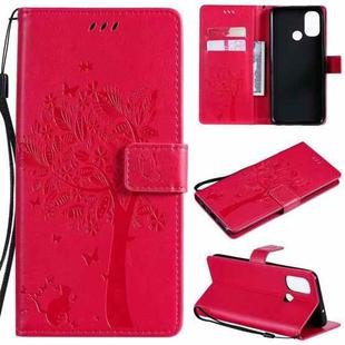 For OnePlus Nord N100 Tree & Cat Pattern Pressed Printing Horizontal Flip PU Leather Case with Holder & Card Slots & Wallet & Lanyard(Rose Red)