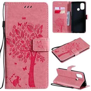 For OnePlus Nord N100 Tree & Cat Pattern Pressed Printing Horizontal Flip PU Leather Case with Holder & Card Slots & Wallet & Lanyard(Pink)