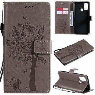 For OnePlus Nord N100 Tree & Cat Pattern Pressed Printing Horizontal Flip PU Leather Case with Holder & Card Slots & Wallet & Lanyard(Grey)