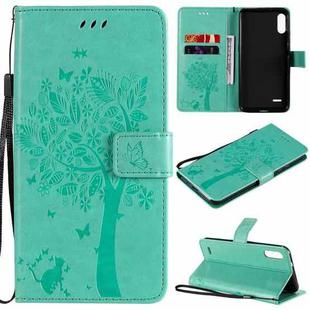 For LG K22 / K22 Plus Tree & Cat Pattern Pressed Printing Horizontal Flip PU Leather Case with Holder & Card Slots & Wallet & Lanyard(Green)