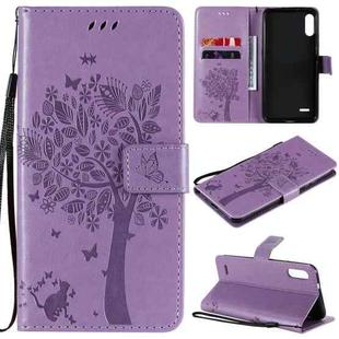 For LG K22 / K22 Plus Tree & Cat Pattern Pressed Printing Horizontal Flip PU Leather Case with Holder & Card Slots & Wallet & Lanyard(Light Purple)