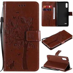 For LG K22 / K22 Plus Tree & Cat Pattern Pressed Printing Horizontal Flip PU Leather Case with Holder & Card Slots & Wallet & Lanyard(Coffee)