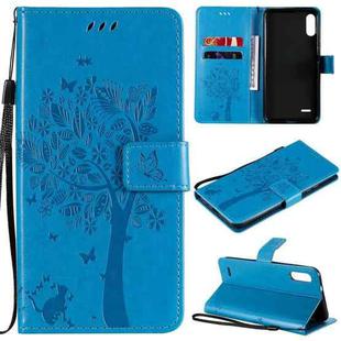 For LG K22 / K22 Plus Tree & Cat Pattern Pressed Printing Horizontal Flip PU Leather Case with Holder & Card Slots & Wallet & Lanyard(Blue)