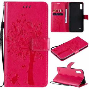 For LG K22 / K22 Plus Tree & Cat Pattern Pressed Printing Horizontal Flip PU Leather Case with Holder & Card Slots & Wallet & Lanyard(Rose Red)