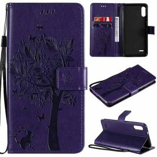 For LG K22 / K22 Plus Tree & Cat Pattern Pressed Printing Horizontal Flip PU Leather Case with Holder & Card Slots & Wallet & Lanyard(Purple)