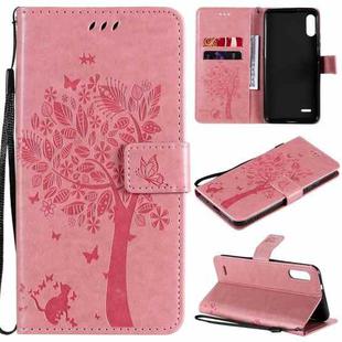 For LG K22 / K22 Plus Tree & Cat Pattern Pressed Printing Horizontal Flip PU Leather Case with Holder & Card Slots & Wallet & Lanyard(Pink)